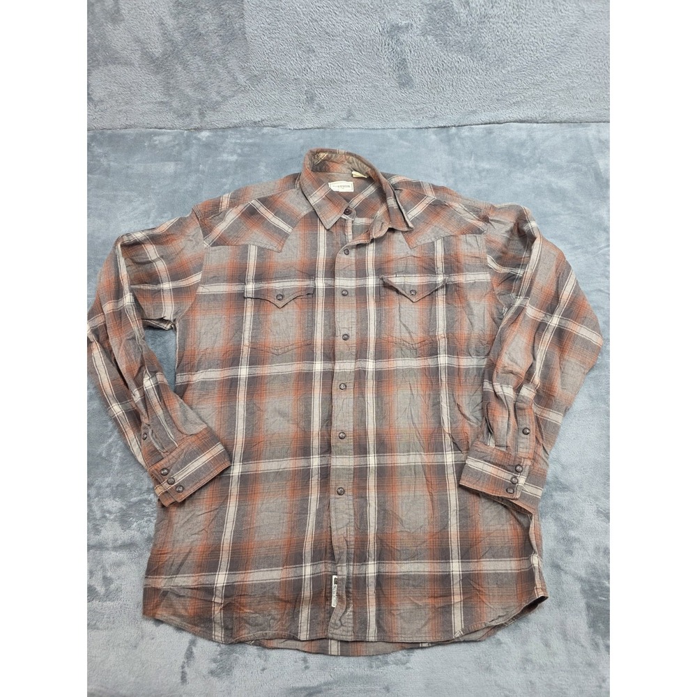 Stetson Western Plaid Pearl Snap Button Down Shirt Mens Sz L  Brown Long Sleeve